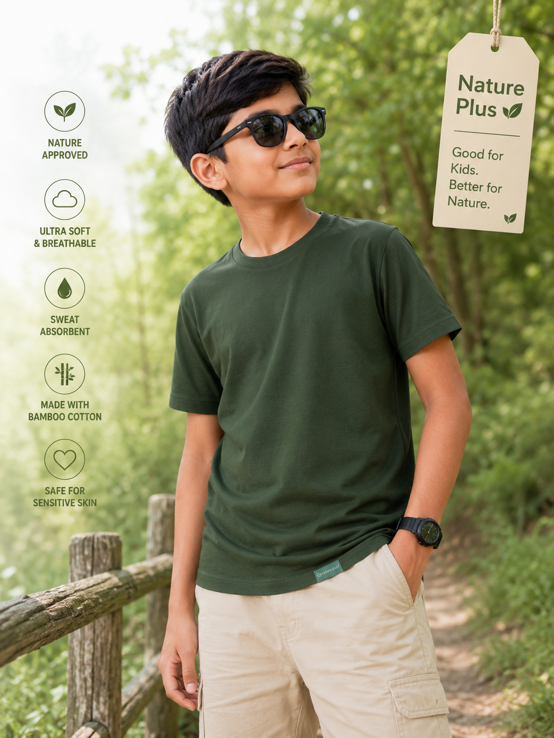Nature Plus Kid's Lightweight Cypress Green Bamboo Half Sleeve T-Shirts Made for Indian Summers